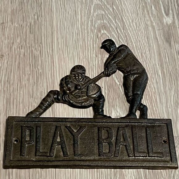 Baseball Black/Brown Cast Iron “PLAY BALL” Catcher Hitter 9” Wall Hanging Plaque - Picture 3 of 6